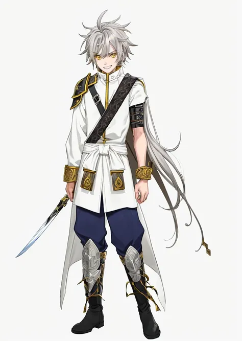 Anime, 1boy, messy gray hair, gray eyebrows, yellow eyes with black highlights, white skin, wide smile showing teeth, wears a long white coat with yellow and brown accents, the back of the coat extends to the knees, wears a brown shoulder protector on the ...