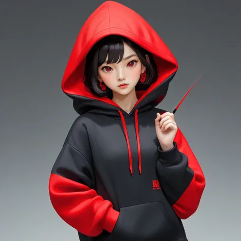 Kang Sae-byeok, Squid Game, Jung Ho-yeo, holding a knife with her hand, wearing a black hoodie with red details, simple background,cool anime pose, realistic, realistic proportions
