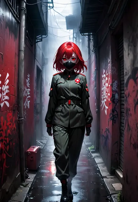 1girl, black and red army suit, hidden face, red hair, red eyes, dark alley, red graffiti, japanese led, fog