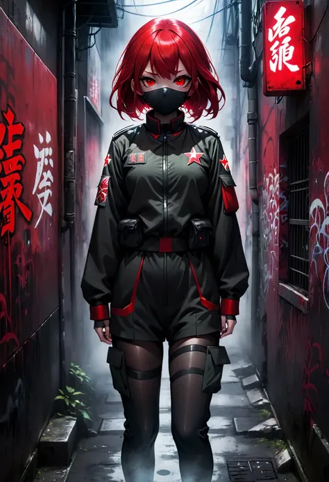 1girl, black and red army suit, hidden face, red hair, red eyes, dark alley, red graffiti, japanese led, fog