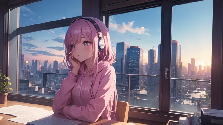 Absurd, Ultra-high resolution, (Official Art, beautifully、mysterious:1.2), Impressive eyes, Sit at a desk by the window and look outside, Girl listening to music with headphones, light pink long hair, Lo-fi Girl,  and hoodie, Bright Sky, A vast world, Kais...