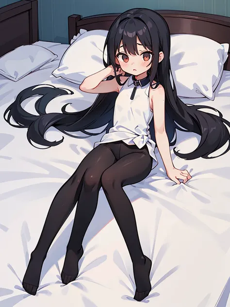 Correct human body structure,perfect,long black hair,((young cute girl)),((white sleeveless)),Full body pictures,alarmed,blush,Black pantyhose,collar,Put your hands behind your back,Small Breasts,bedroom,lie down on the bed