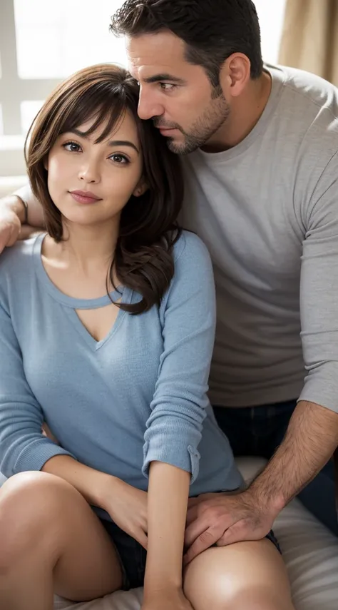 A respectful portrait of two people sitting on a bed. A young woman in her 20s and a middle-aged man in his 40s. Casual, friendly atmosphere. Fully clothed. Natural lighting. No suggestive elements.