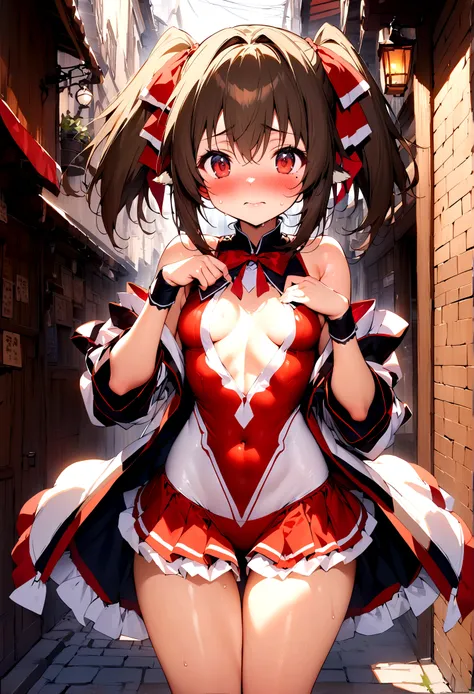 NSFW,masterpiece,Highest quality,High resolution,Super detailed,Nekone (Utawarerumono),Brown Hair、（Red Eye：1.3）、ribbon,Twin tails、ヘアribbon、Mole、目の下のMole,Small breasts,Fantasy World,Shopping Street,Alley,Japanese style,mini skirt,leotard,Half-naked,Open clo...