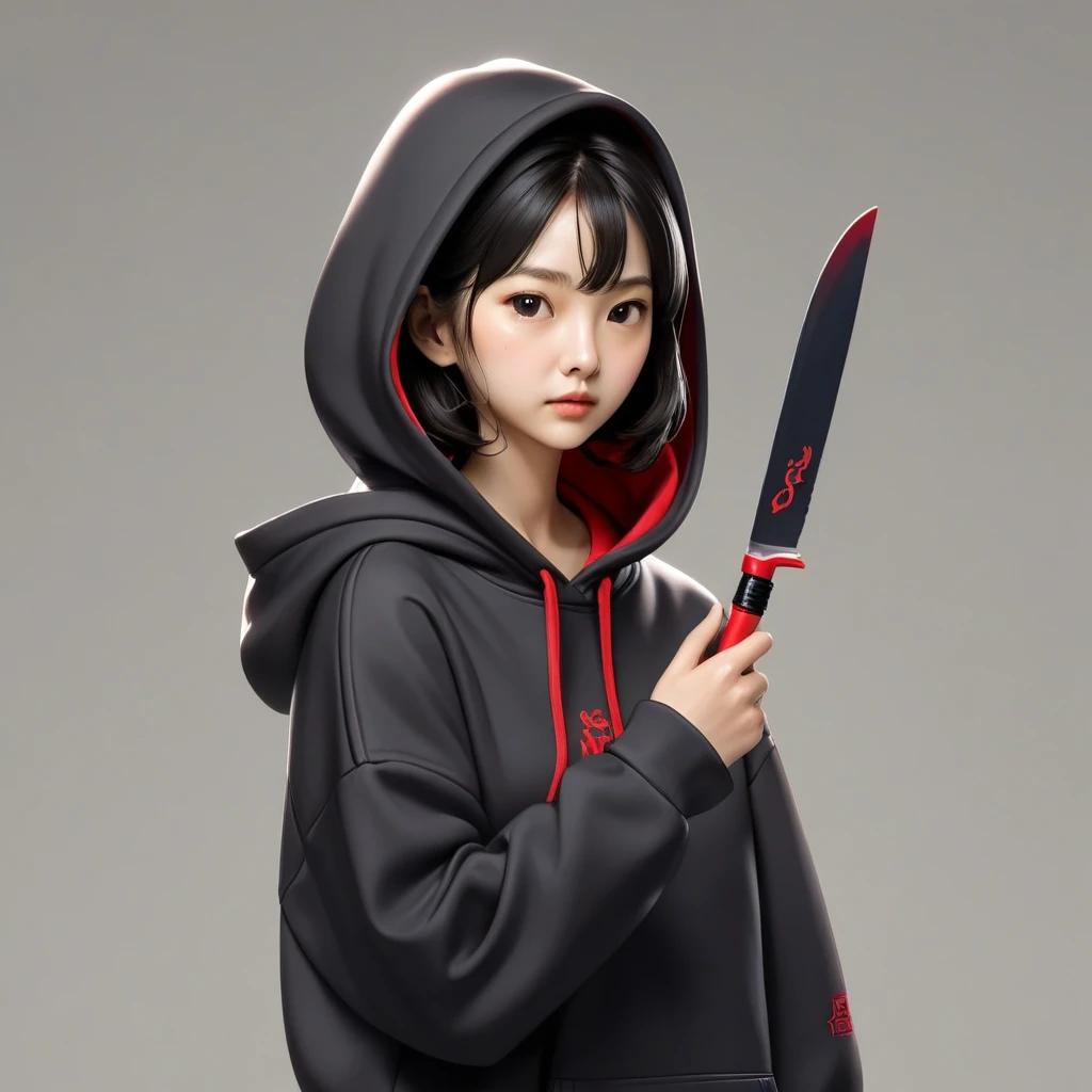 kang sae-byeok, squid game, jung ho-yeo, holding a knife with her hand, wearing a black hoodie with red details, simple backgrou...