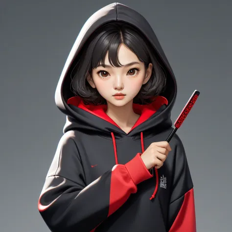 kang sae-byeok, squid game, jung ho-yeo, holding a knife with her hand, wearing a black hoodie with red details, simple backgrou...