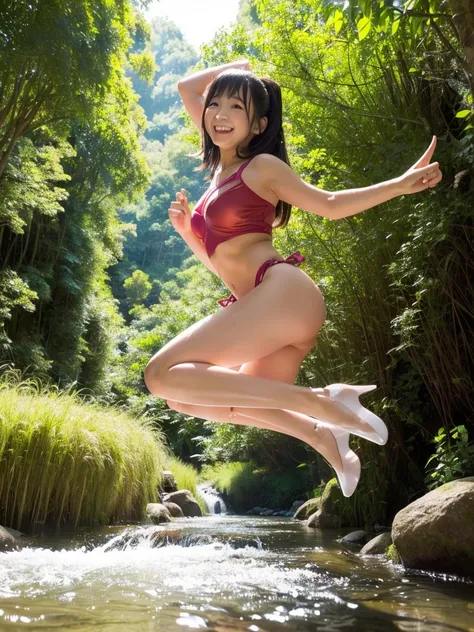 A super sexy and cute Japanese girl 、Exact finger count、Super big、sexual excitement、(((high leg マイクロビキニ、A girl jumping into a clear stream with a smile)))