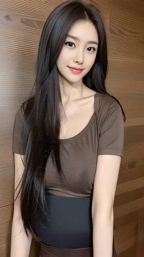 ((best quality, 8K, masterpiece, Clear focus )), 18 years old young Korean girl, ((Dark brown long hair, Huge breasts:1.6，Large chest:1.6，Hypertrophic breasts:1.6)), Slim abdominal muscles :1.5,((Low-cut spandex short T-shirt :1.6) ), (Wooden wall backgrou...