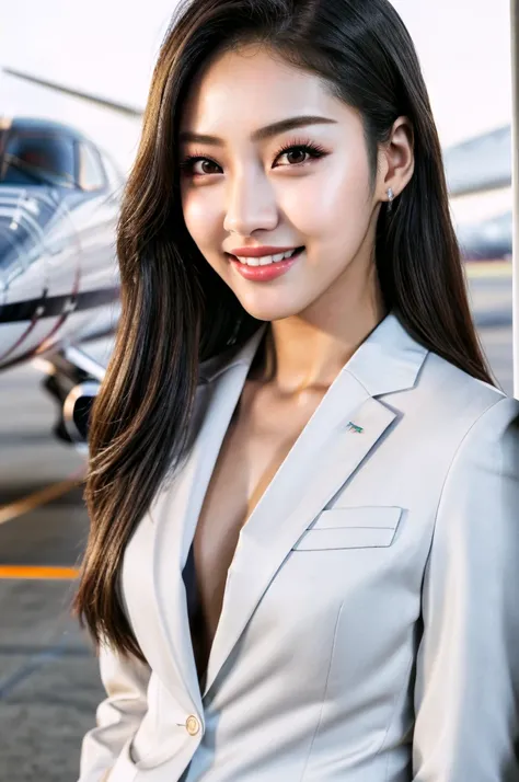 score_9, score_8_up, score_7_up, detailed soft lighting, beautiful Seolhyun (KPop star), business suit, (sleek modern private jet on tarmac:1.2), flirtatious smile, flowing hair, (masterpiece, best quality, highly detailed, beautiful, realistic), detailed ...