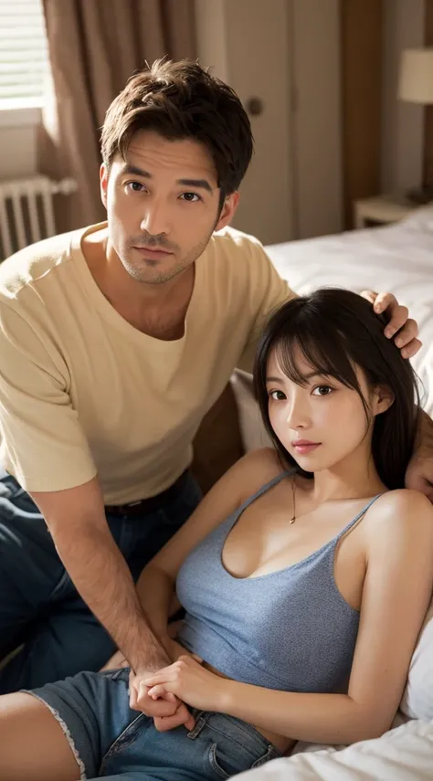 A young woman in her 20s and a man in his 40s sitting on a bed together