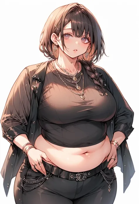 curvy anime girl, overweight fat girl, pretty anime girl, beautiful chubby anime girl, big tummy, large breasts, wide hips, curv...