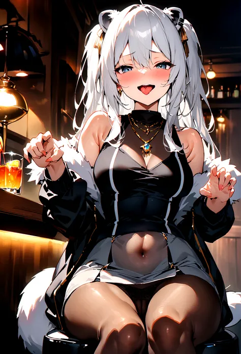 NSFW,masterpiece,Highest quality,High resolution,Super detailed,Shishirabotan(Hololive),Long Hair、Two Side Up、Earrings、Lion&#39;s Tail,necklace、Black Shirt、Sleeveless shirt、abdomen、See-through、Grey Skirt、片足pantyhose、pantyhose、fur-trimmed jacket、Black jacke...