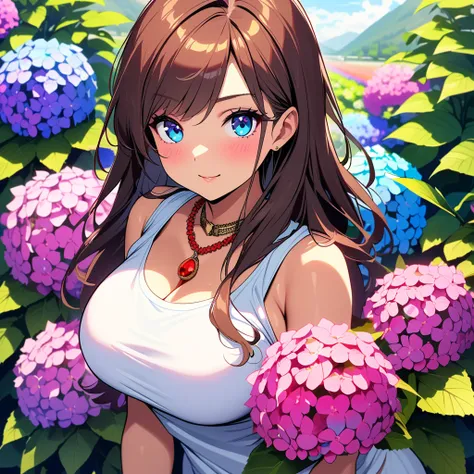 4K, June Scenario, Beautiful latina woman, long hair, chestnut hair, large breasts, blue colored eyes, white  shirt, hot pants, red necklace, gazing at viewer, natta, colorful hydrangea