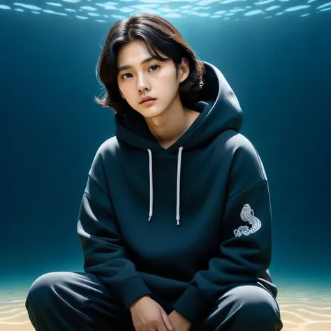 kang sae-byeok, squid game, jung ho-yeo, sitting looking at the horizon, wearing a black hoodie, ,cool pose, realistic, realisti...