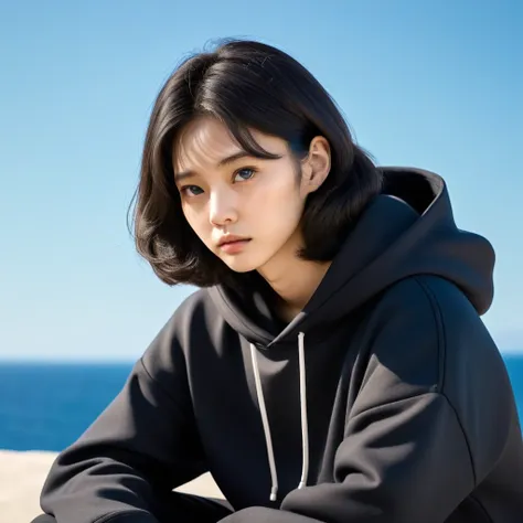 Kang Sae-byeok, Squid Game, Jung Ho-yeo, sitting looking at the horizon, wearing a black hoodie, ,cool pose, realistic, realistic proportions, brown eyes
