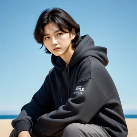 kang sae-byeok, squid game, jung ho-yeo, sitting looking at the horizon, wearing a black hoodie, ,cool pose, realistic, realisti...