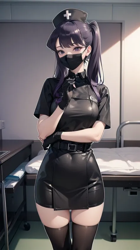 black nurse, 1girl, solo, komi_shouko, black nurse cap, black wear, ((black legwear, zettai ryouiki)), black elbow gloves, twintails, purple hair, purple eyes, ((black surgical mask, covered nose)), standing, ((surgery room)), sharp outline, short sleeves,...