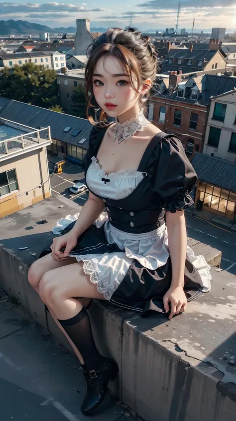 (Highest quality, masterpiece:1.2), pressure,  1 Female, Cat in the face, Super giant, Building Sheet, Make the city smaller, Depth of written boundary, High resolution, 超High resolution, 8K, Very detailed, Realistic, Sun light, Maid clothes, Ribbons, lace...