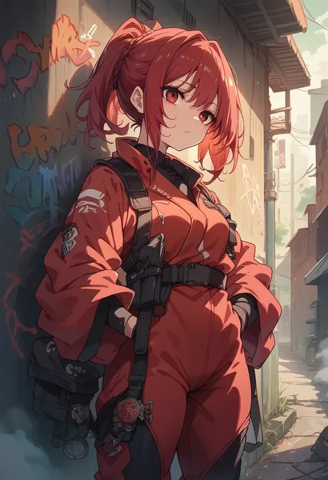 1girl, red ninja suit, hidden face, red hair, red eyes, dark alley, red graffiti, japanese led, fog