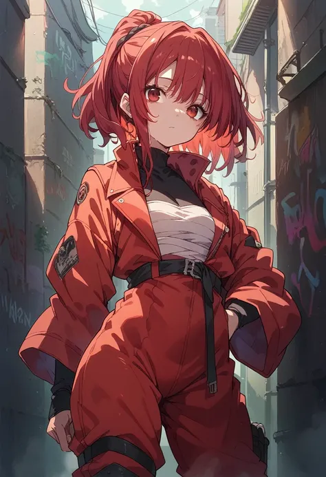 1girl, red ninja suit, hidden face, red hair, red eyes, dark alley, red graffiti, japanese led, fog