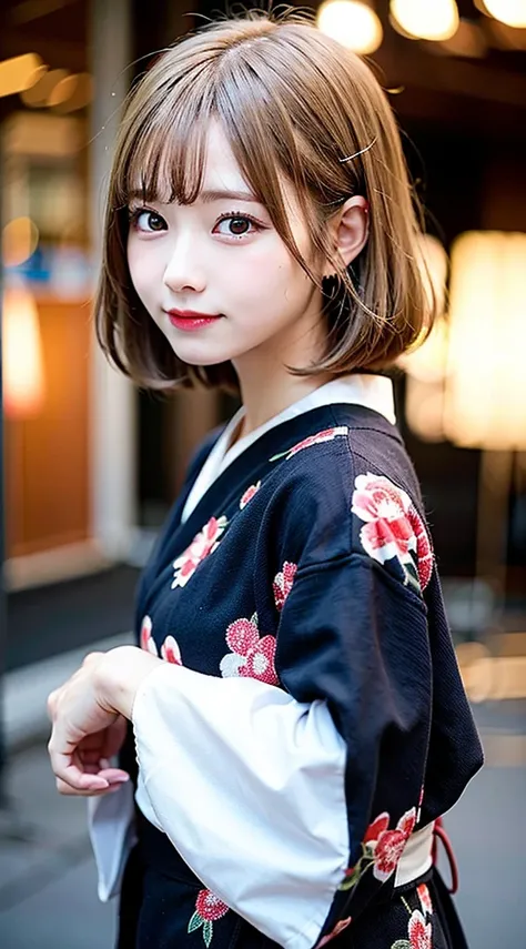 (8K, Raw photo:1.2), Detailed face and eyes,Best Quality, 超A high resolution, Highly detailed ,intricate detailes ,masutepiece ,Cute Girl , Soft cinematic light, Hyper-detailing,Sharp Focus, High quality, Blonde hair, bob cuts, Yukata