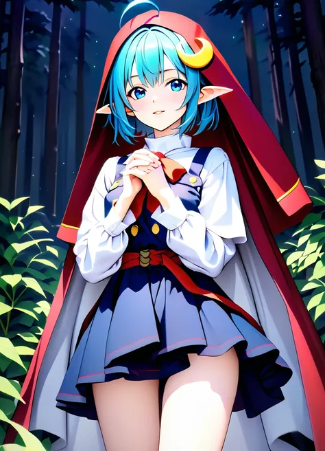 1girl, rena lanford, 1girl, ahoge, blue hair, short hair, blue eyes, pointy ears
crescent hair ornament, red cape, blue vest, le...