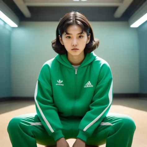 kang sae-byeok, squid game, jung ho-yeo, sitting looking at the horizon, wearing a green track suit  ,cool pose, realistic, real...