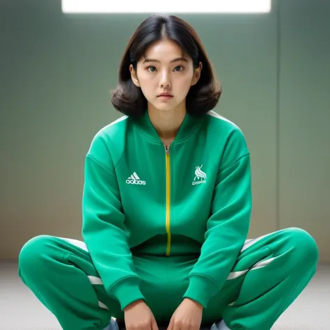 kang sae-byeok, squid game, jung ho-yeo, sitting looking at the horizon, wearing a green track suit  ,cool pose, realistic, real...