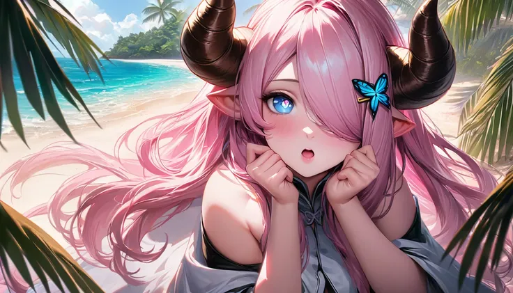 Vibrant, high-definition anime-style illustration set on a tropical beach. The layout features a central female character, Narmaya, with long pink hair, partially covered by a hooded cloak adorned with brown horns. She has fair skin, large expressive blue ...