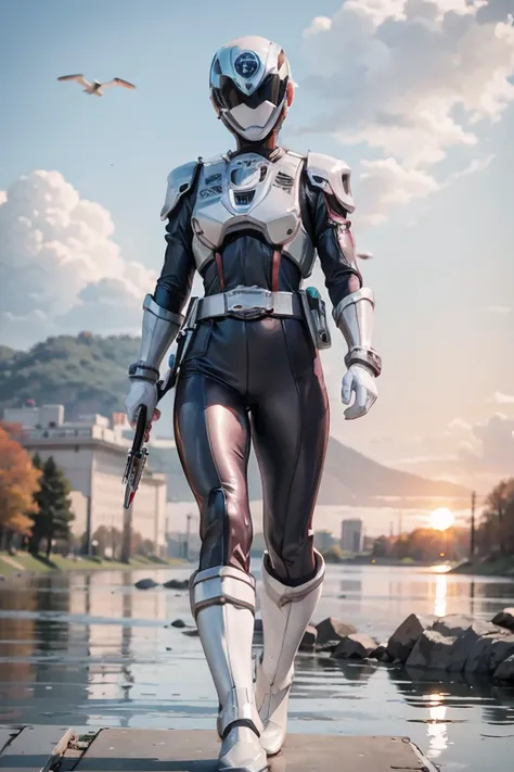 The sunset flies with the lonely geese in the distance, and the autumn river water and the vast sky are connected, icons,1boy, white, full body, Illustration, cinematic light, high resolution, best quality, ultra detailed, masterpiece, power suit, powerran...