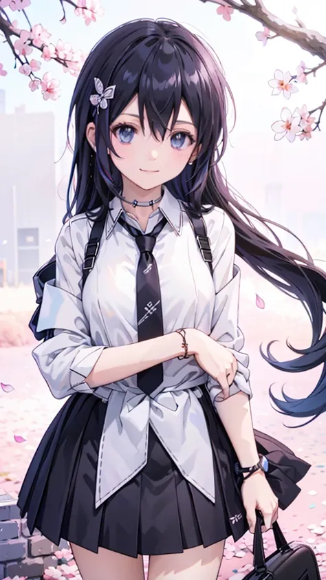 masterpiece, best quality,  full body,
1girl, bangs, black choker, black necktie, black hair, blue skirt, blush, bracelet, breas...