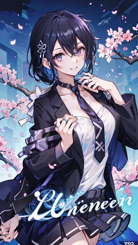 masterpiece, best quality,  full body,
1girl, bangs, black choker, black necktie, black hair, blue skirt, blush, bracelet, breas...