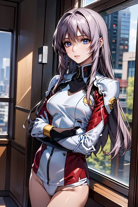 「A 20-year-old young female pilot、Height: 165cm、(Long wavy silver hair:1.8, Deep purple eyes)。With skin as white as porcelain、His calm and intelligent expression exudes kindness.。Wearing an elegantly designed futuristic suit、Silver and purple accents。A shi...