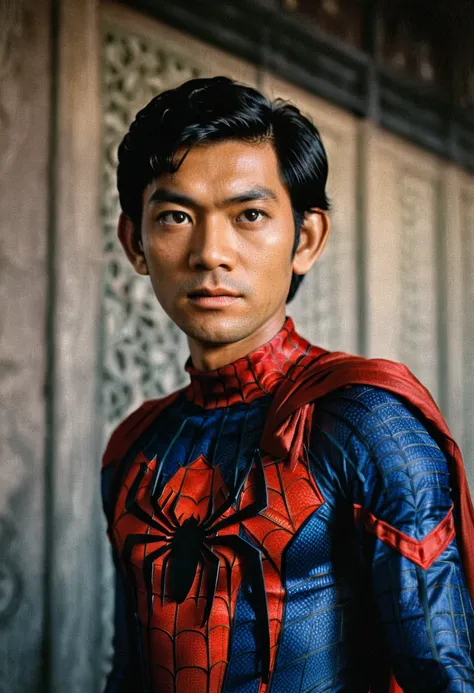 spiderman thai style 60s, background bankkok 1960, thai movie style, old classic films, old picture, maximum details, dramatic s...