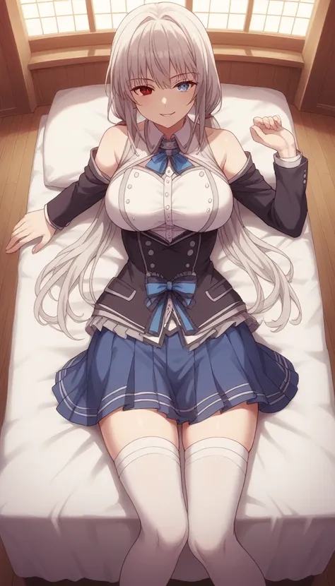 1girl, solo, full length, long hair, twintails, large breasts, looking at viewer, legs, hands, five fingers, bangs, smile, parted lips, heterochromia, red eyes, blue eyes, lying , arrogant smile, legs, stockings, indoors, on the bed, takes off one stocking...