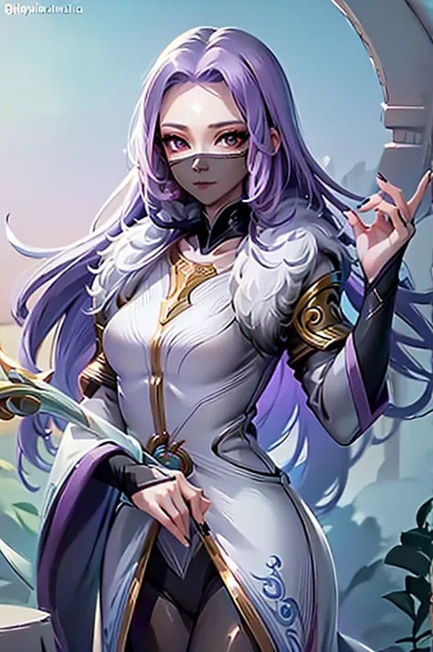 1girl,(masterpiece:1.4, best quality),medium breasts,(intricate details),unity 8k wallpaper,ultra detailed,(pastel colors:1.3),beautiful and aesthetic,detailed,solo, purple hair, luo_yi_ml, mouth veil 