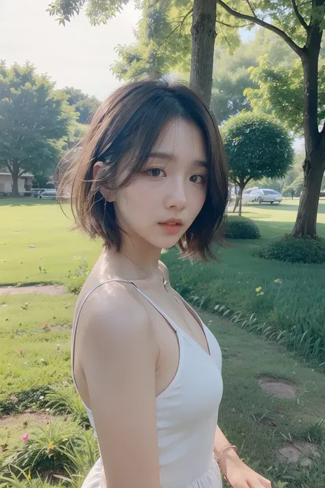 4k realistic, 25 years old, ๅเรพส, grass, nature, messy hair, short hair