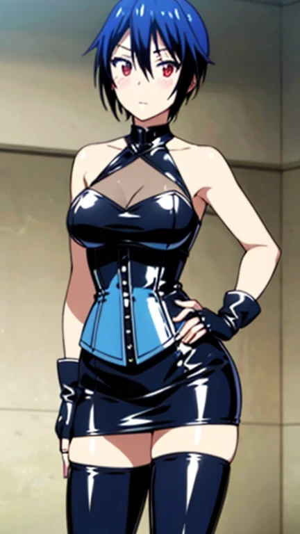 masterpiece,highest quality, High resolution, highly detailed face, Detailed CG,blue hair,red eyes,short hair,big breasts,
(Long gloves covered in black latex all the way to the fingertips), (Black latex corset dress), (Halter neck corset dress), (Black la...