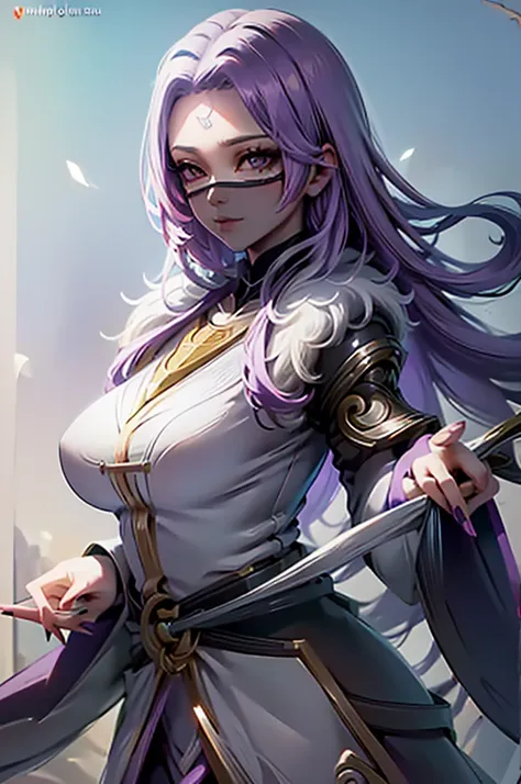 1girl,(masterpiece:1.4, best quality),medium breasts,(intricate details),unity 8k wallpaper,ultra detailed,(pastel colors:1.3),beautiful and aesthetic,detailed,solo, purple hair, luo_yi_ml, mouth veil, big breasts, 