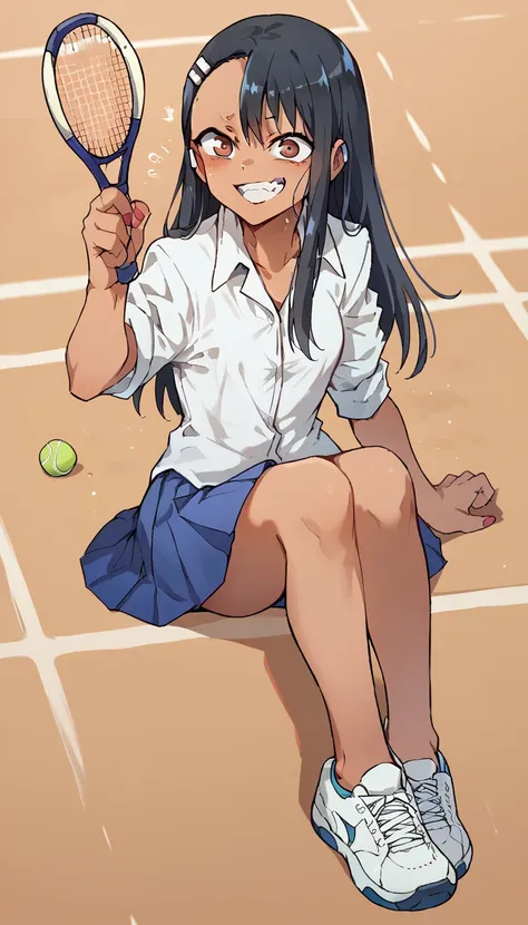 hayase nagatoro, white button down shirt, blue pleated skirt, white tennis shoes