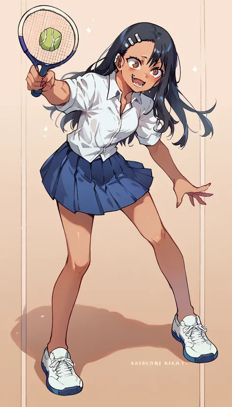 hayase nagatoro, white button down shirt, blue pleated skirt, white tennis shoes