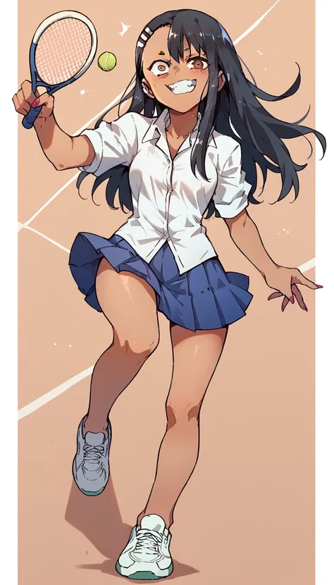 Hayase Nagatoro, White button down shirt, blue pleated skirt, white tennis shoes