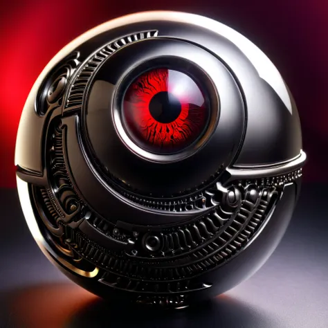 a pure black and opal mechanical orb, giger style, silvercarvingcd_xl , blood red eye aura,