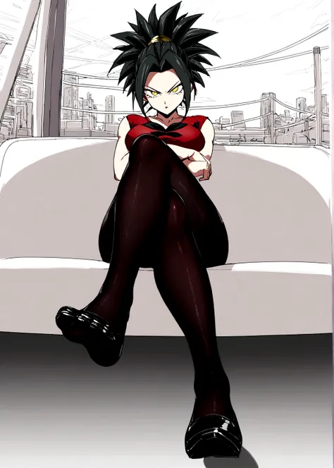 kefla with black hair up, with red top and black pantyhose, one punch man style, feet focus, legs crossed, seductive,  sitting, ...