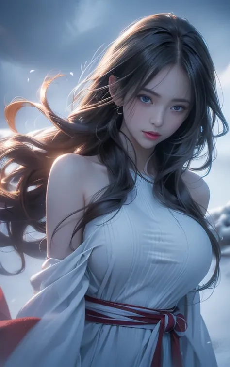 Practical detailed photo of a giant breasted girl with exposed shoulders, Detailed fingers, High quality skin, Red Eyes, Alone in a winter scene with clouds, wind, and flowing hair, (best quality,4K,8K,high resolution,masterpiece:1.2),Extremely detailed,(P...