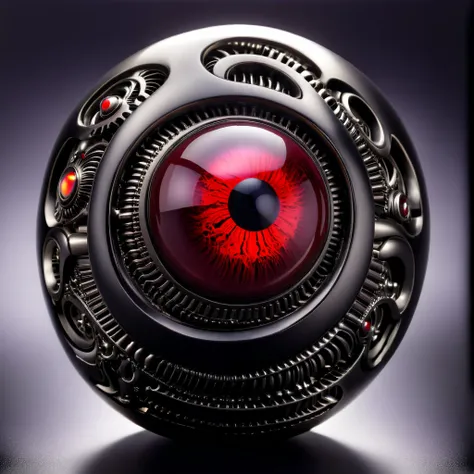 a pure black and opal mechanical orb, giger style, blackcarvingcd_xl , blood red eye aura,