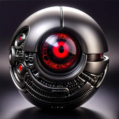 a pure black and opal mechanical orb, giger style, blackcarvingcd_xl , blood red eye aura,