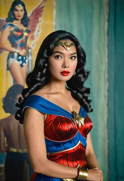 wonder woman thai people style 60s, hairstyle 60s, fashion style 60s, colour style 60s, background bankkok 1960, thai movie styl...