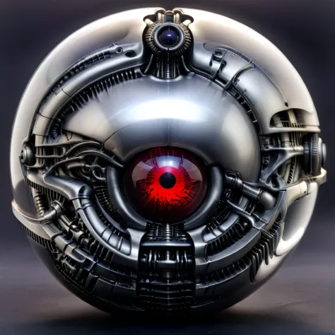 a pure black and opal mechanical orb, giger style, blackcarvingcd_xl , blood red eye aura,