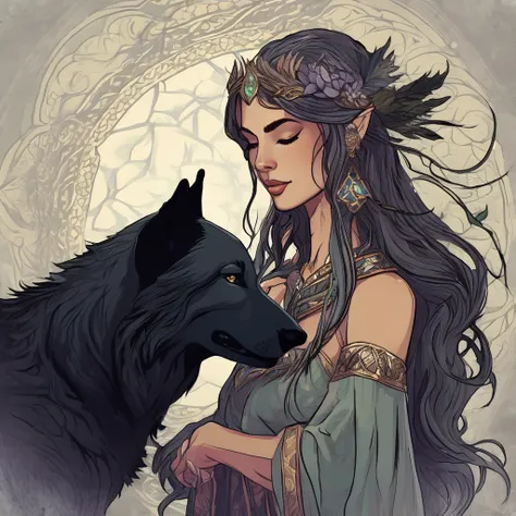 (beautiful elf druid girl 1.3) hug a big black wolf (background&#39;extremely detailed unity 8k cg display, head of&#39;artwork,...